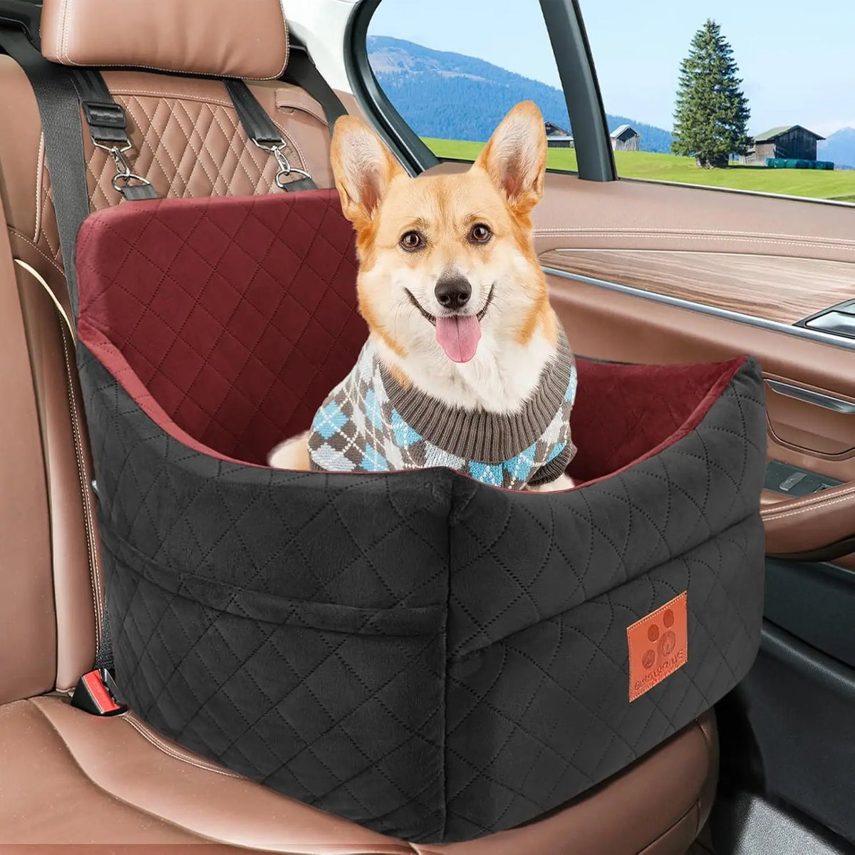 Seat for Small/Medium Dogs, Booster Seats with Thick Cushion for Dogs under 35Lbs, Detachable Washable Pet Seat with Storage Pockets, 2 Safety Belts(Black/Red)