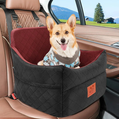 Seat for Small/Medium Dogs, Booster Seats with Thick Cushion for Dogs under 35Lbs, Detachable Washable Pet Seat with Storage Pockets, 2 Safety Belts(Black/Red)
