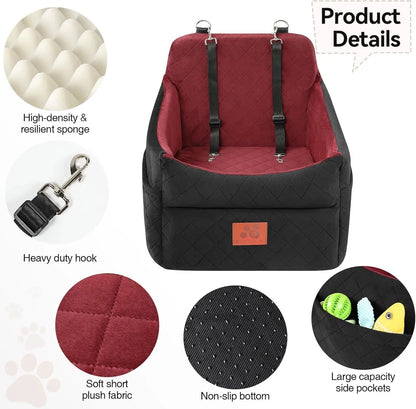 Seat for Small/Medium Dogs, Booster Seats with Thick Cushion for Dogs under 35Lbs, Detachable Washable Pet Seat with Storage Pockets, 2 Safety Belts(Black/Red)