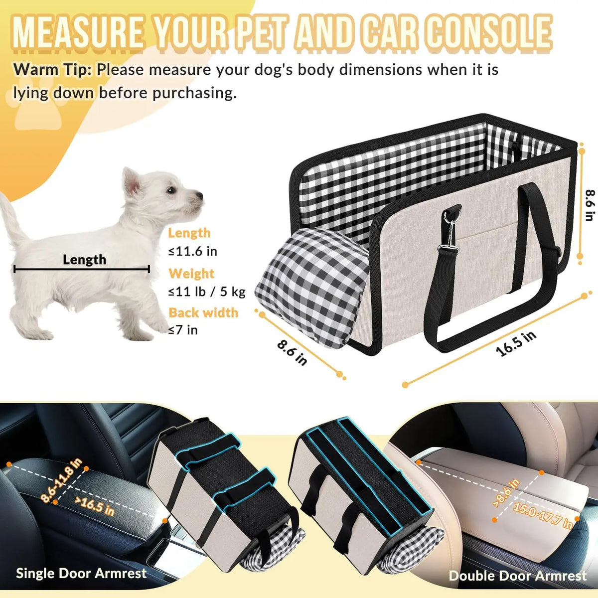 Tailsup Console Dog Car Seat for Small Dogs (Up to 11 Lbs) - Portable Console Fit Booster Seat with Pumpkin Design, Sponge Soft Cushion, Anti-Collapse Plastic Frame, Built-In Safety Leash, 2 Cozy Bed Modes, Enhanced Visibility