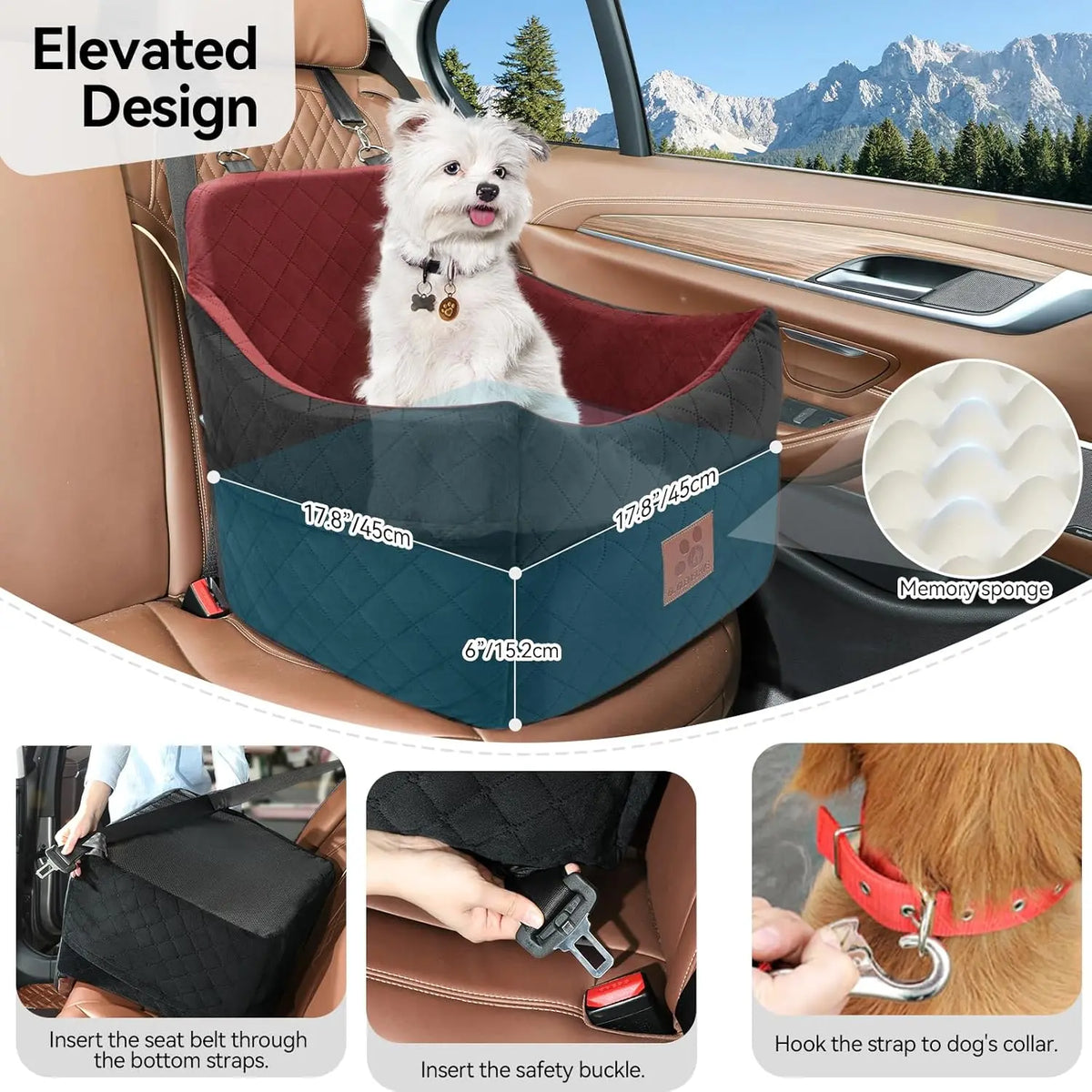 Seat for Small/Medium Dogs, Booster Seats with Thick Cushion for Dogs under 35Lbs, Detachable Washable Pet Seat with Storage Pockets, 2 Safety Belts(Black/Red)
