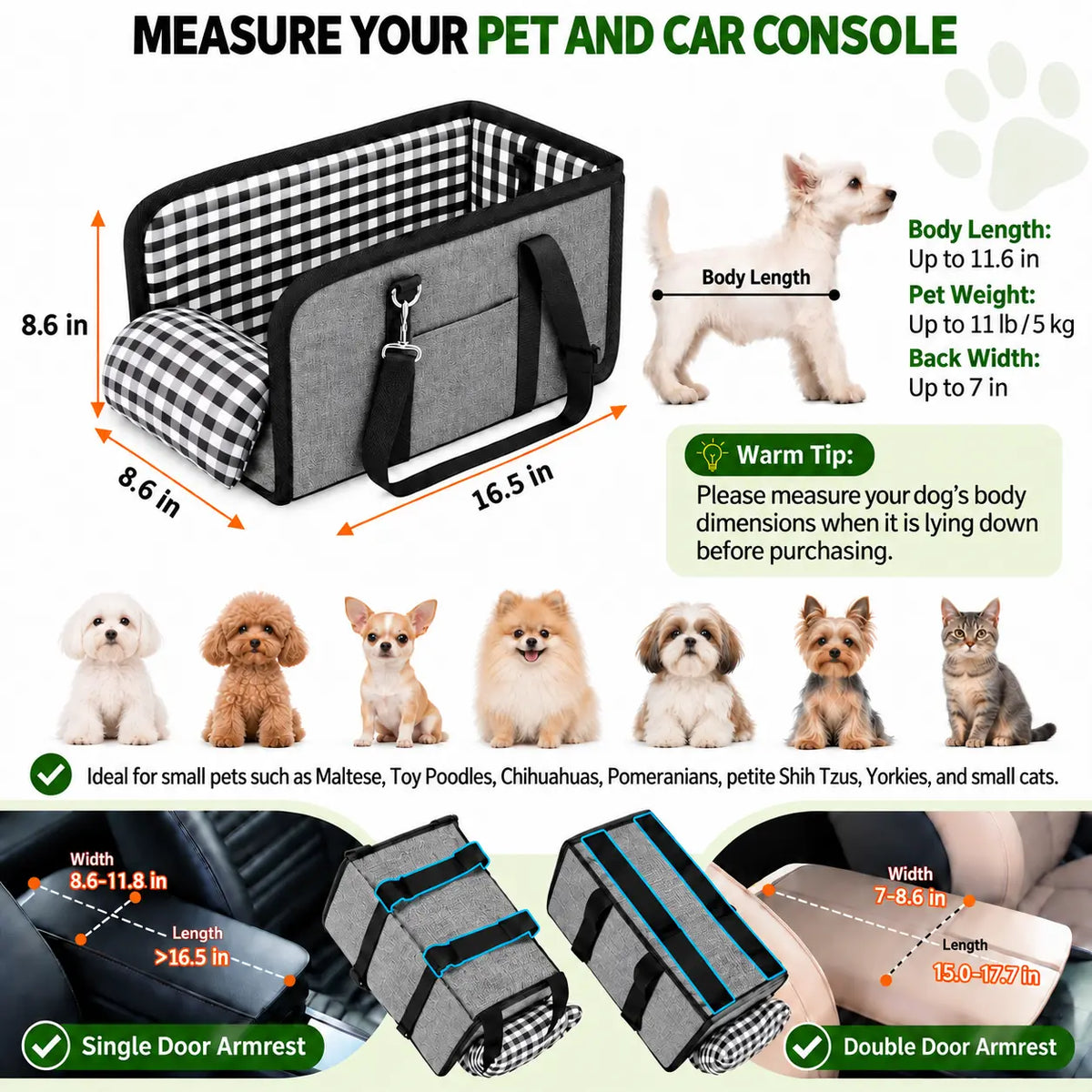 Tailsup Console Dog Car Seat for Small Dogs (Up to 11 Lbs) - Portable Console Fit Booster Seat with Pumpkin Design, Sponge Soft Cushion, Anti-Collapse Plastic Frame, Built-In Safety Leash, 2 Cozy Bed Modes, Enhanced Visibility