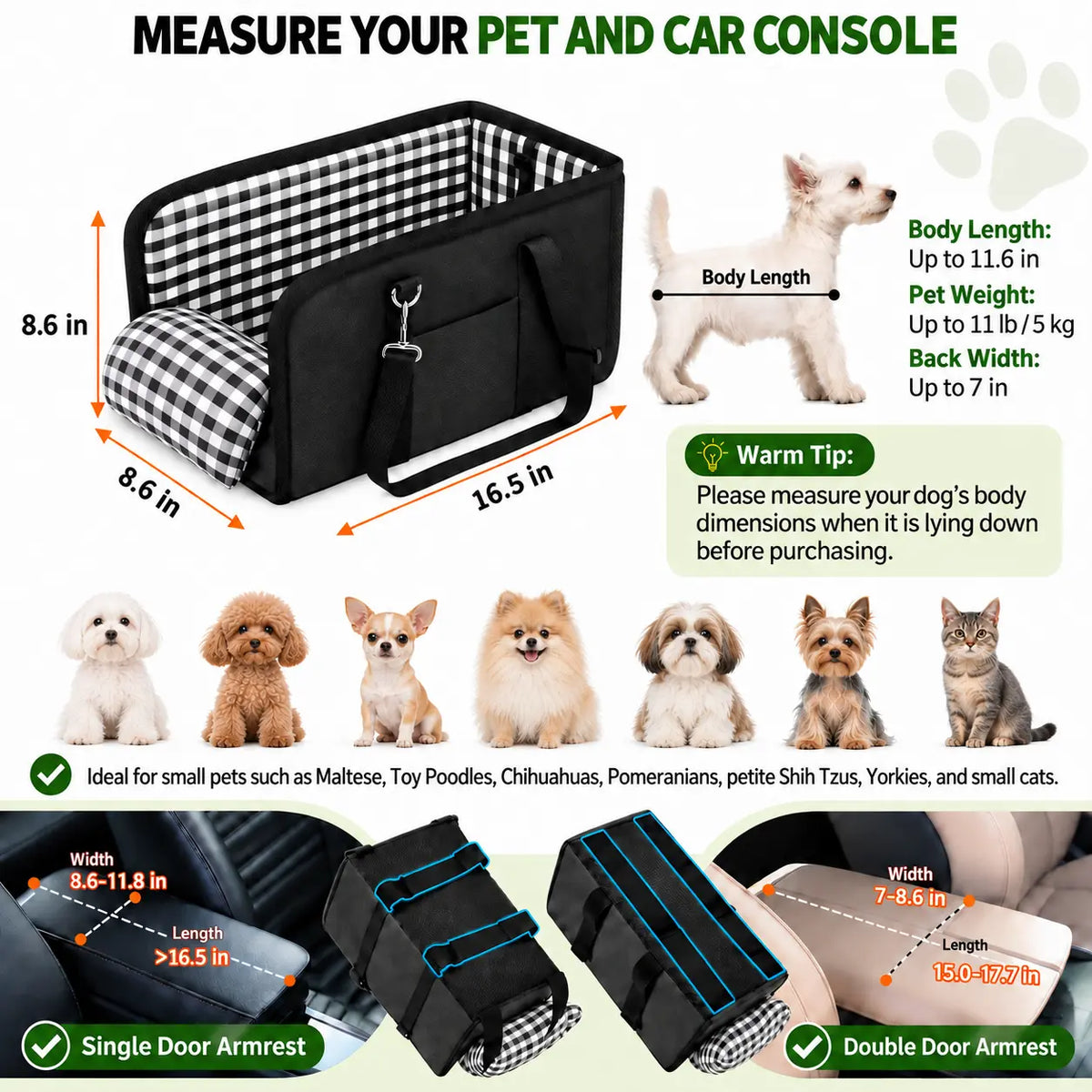 Tailsup Console Dog Car Seat for Small Dogs (Up to 11 Lbs) - Portable Console Fit Booster Seat with Pumpkin Design, Sponge Soft Cushion, Anti-Collapse Plastic Frame, Built-In Safety Leash, 2 Cozy Bed Modes, Enhanced Visibility