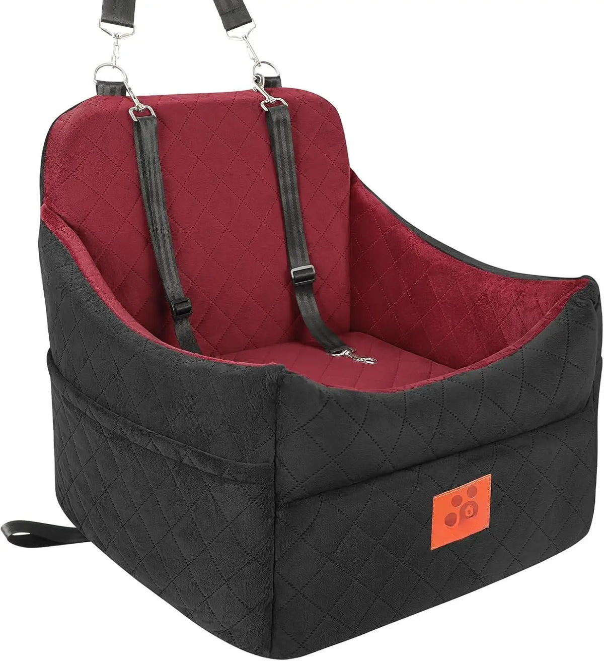 Seat for Small/Medium Dogs, Booster Seats with Thick Cushion for Dogs under 35Lbs, Detachable Washable Pet Seat with Storage Pockets, 2 Safety Belts(Black/Red)