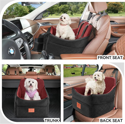 Seat for Small/Medium Dogs, Booster Seats with Thick Cushion for Dogs under 35Lbs, Detachable Washable Pet Seat with Storage Pockets, 2 Safety Belts(Black/Red)