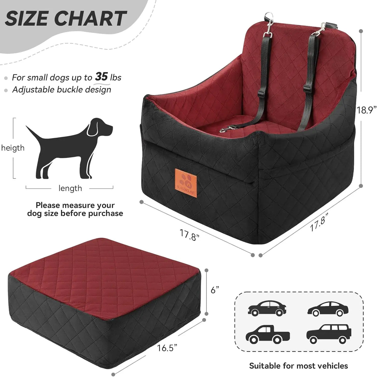 Seat for Small/Medium Dogs, Booster Seats with Thick Cushion for Dogs under 35Lbs, Detachable Washable Pet Seat with Storage Pockets, 2 Safety Belts(Black/Red)